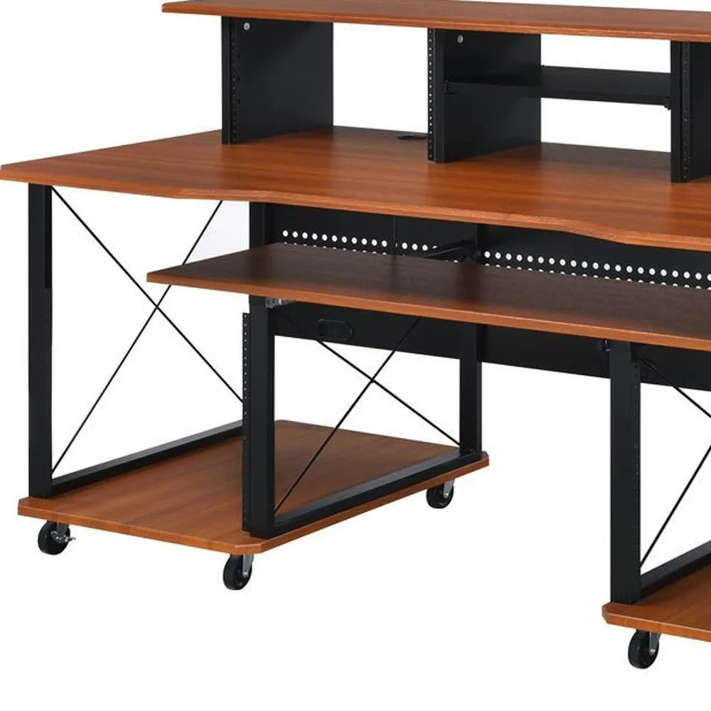 HMS 72" Brown and Black Wood and Metal Rolling Computer Desk - Loft&Timber