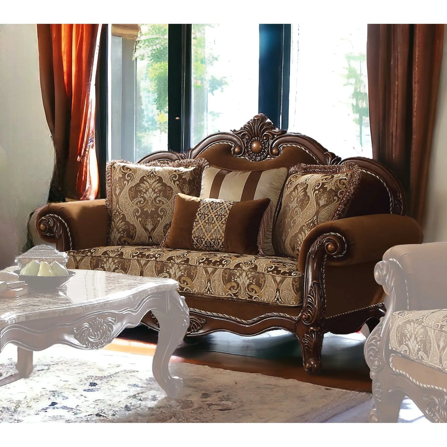 69" Brown Damask Chesterfield Loveseat and Toss Pillows - Loft&Timber