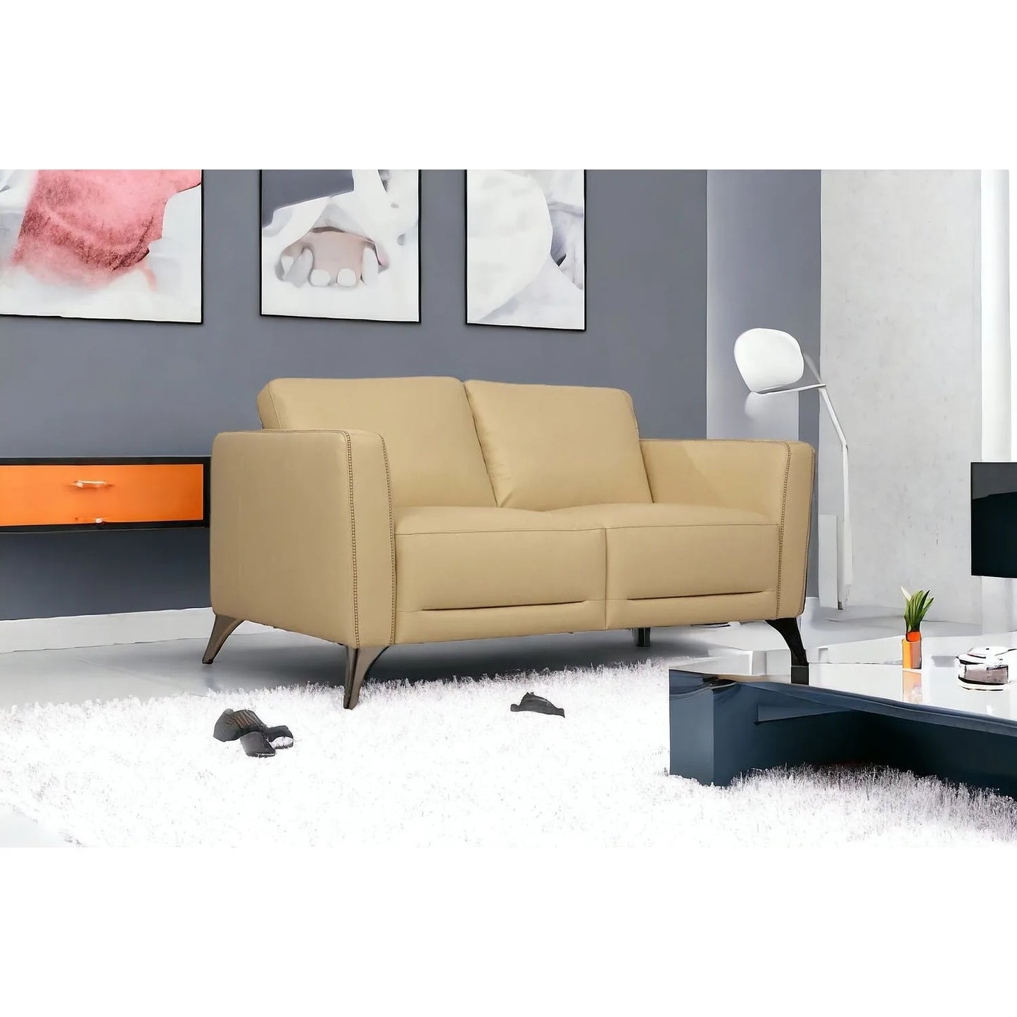 HMS 59" Cream and Silver Genuine Leather Loveseat - Loft&Timber