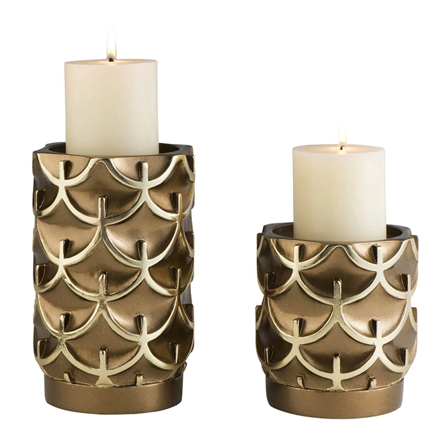 HMS Set of Two Antiqued Brass Tabletop Pillar Candle Holders - Loft&Timber