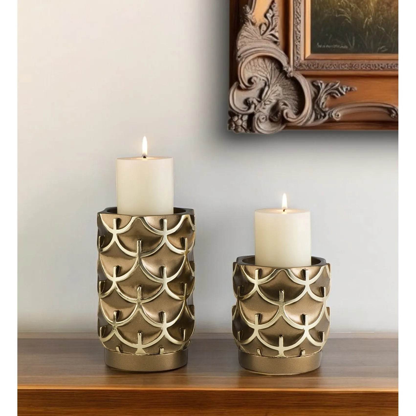 HMS Set of Two Antiqued Brass Tabletop Pillar Candle Holders - Loft&Timber