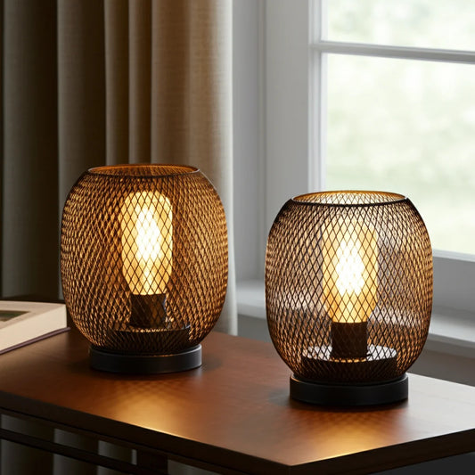 Set of Two 7" Black Metal Lantern Bedside Lamps with Black Lattice Cage Shade - Loft&Timber