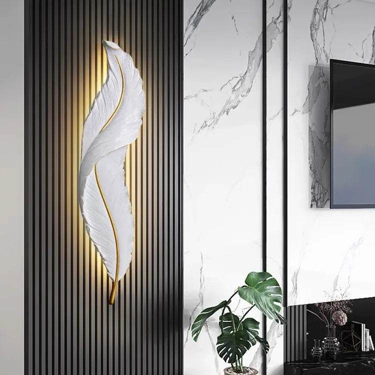 Modern Minimalist LED Luxury Feather Fine Carved Pattern Framed Hanging Channel Decoration Wall Lamps for Bedroom Walls - Loft&Timber