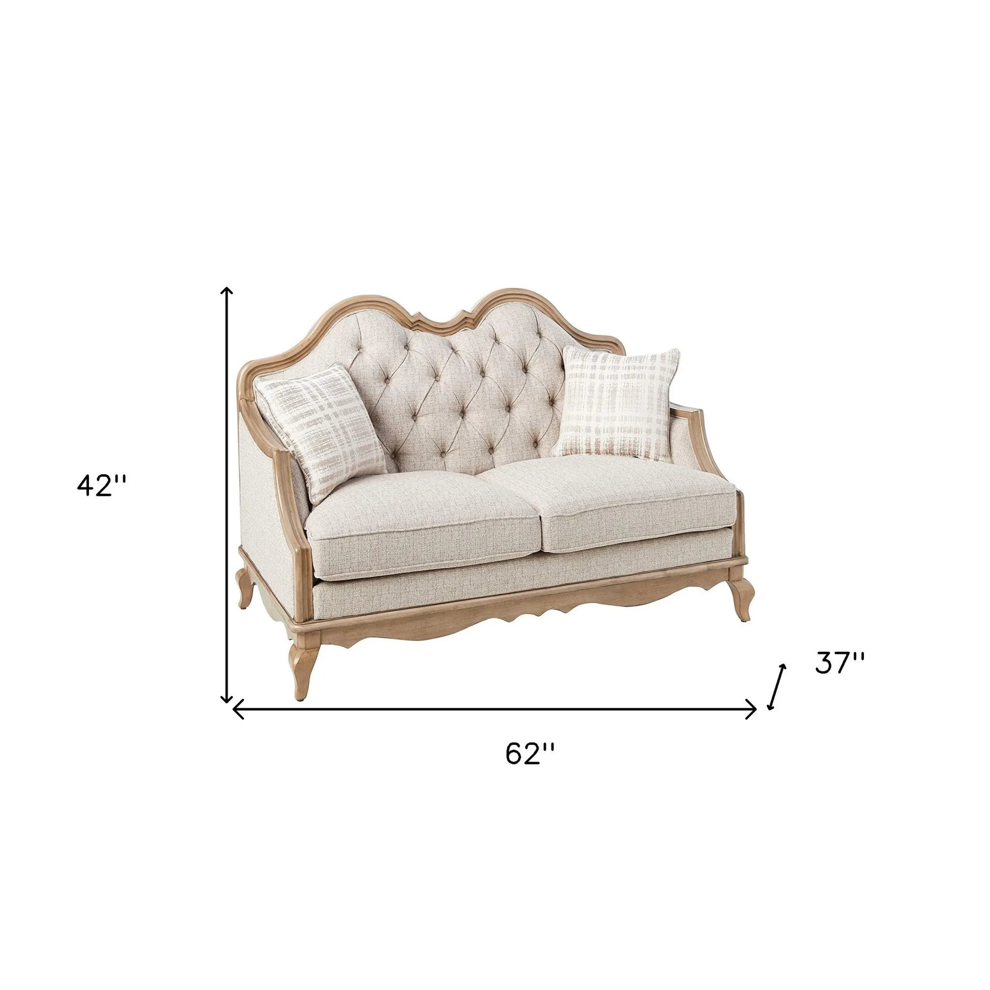 HMS 62" Beige and Brown Linen Chesterfield Loveseat and Toss Pillows - Loft&Timber