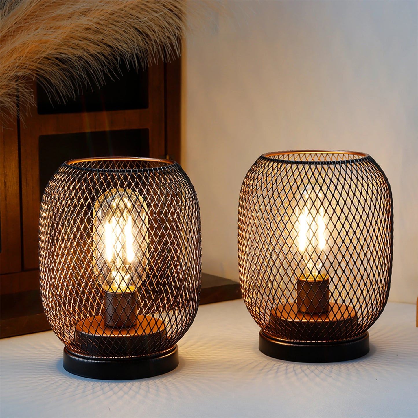 Set of Two 7" Black Metal Lantern Bedside Lamps with Black Lattice Cage Shade - Loft&Timber