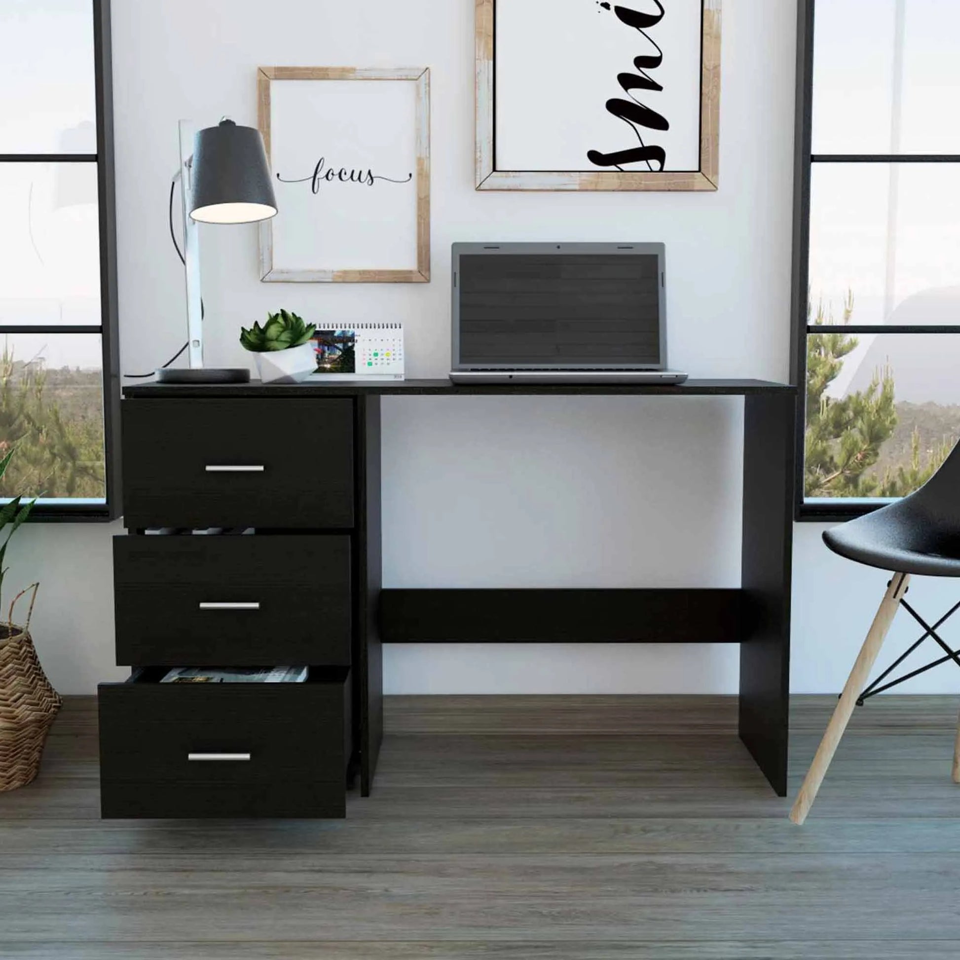 HMS Modern 48" Black Steel Computer Desk with Three Drawers - Loft&Timber