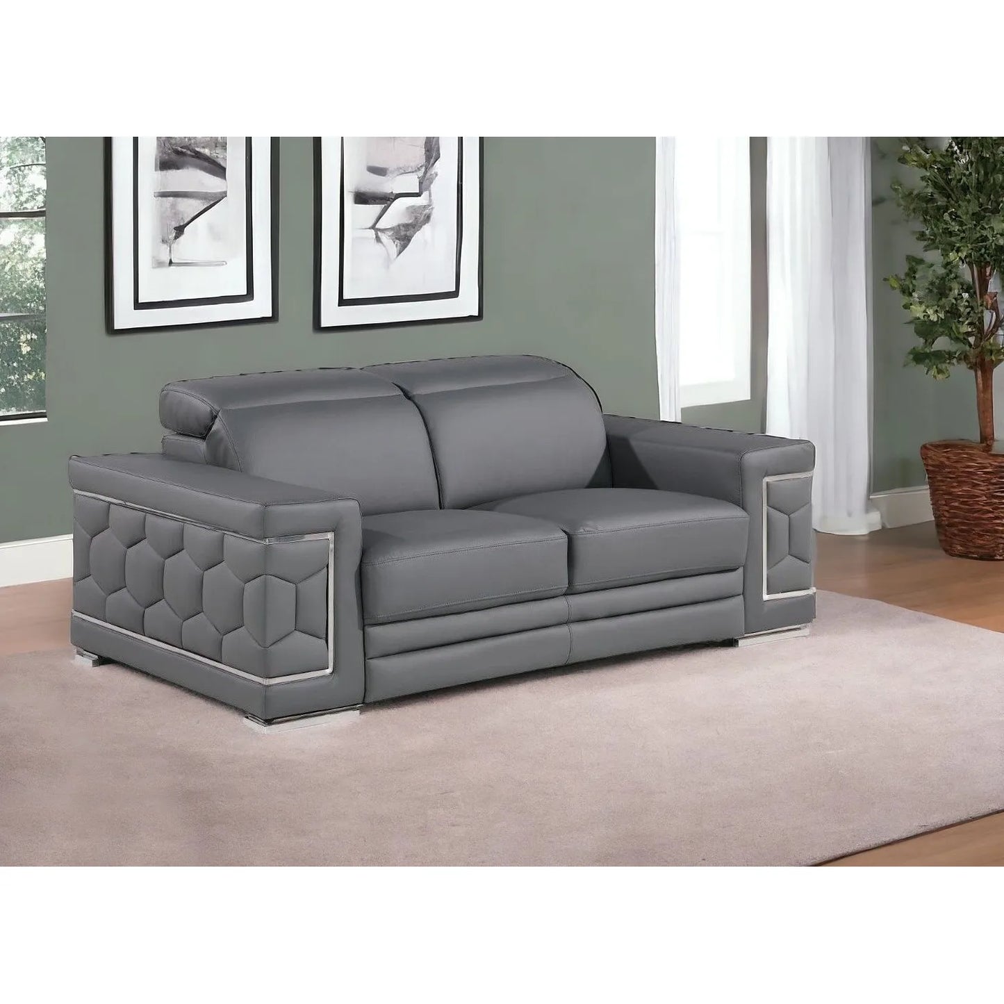 HMS 71" Gray and Silver Genuine Leather Loveseat - Loft&Timber