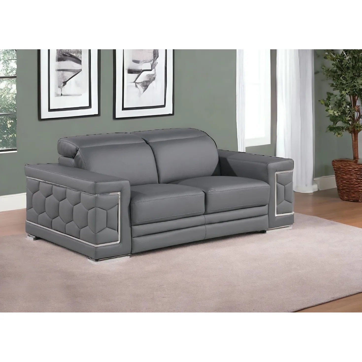 HMS 71" Gray and Silver Genuine Leather Loveseat - Loft&Timber