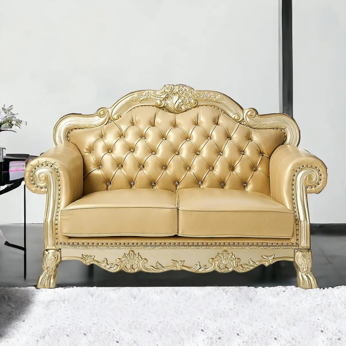HMS 64" Bone and Gold Faux Leather Loveseat - Loft&Timber