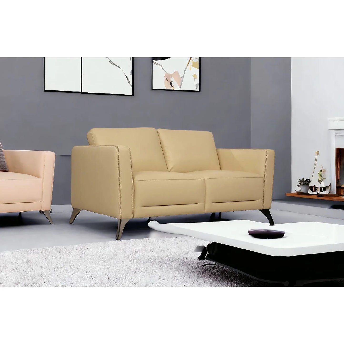 HMS 59" Cream and Silver Genuine Leather Loveseat - Loft&Timber