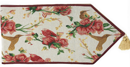 Tache Floral Red Roses Hummingbirds Ivory Woven Tapestry Table Runner (18109)-1