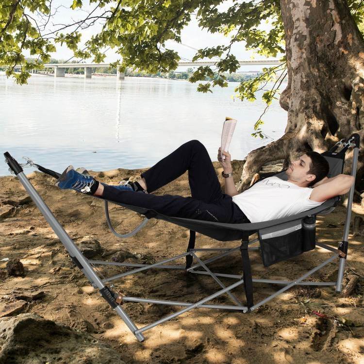 Grey Portable Camping Foldable Hammock with Stand and Carry Case - Loft&Timber