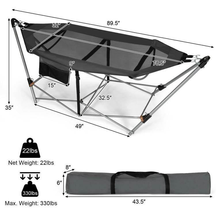 Grey Portable Camping Foldable Hammock with Stand and Carry Case - Loft&Timber