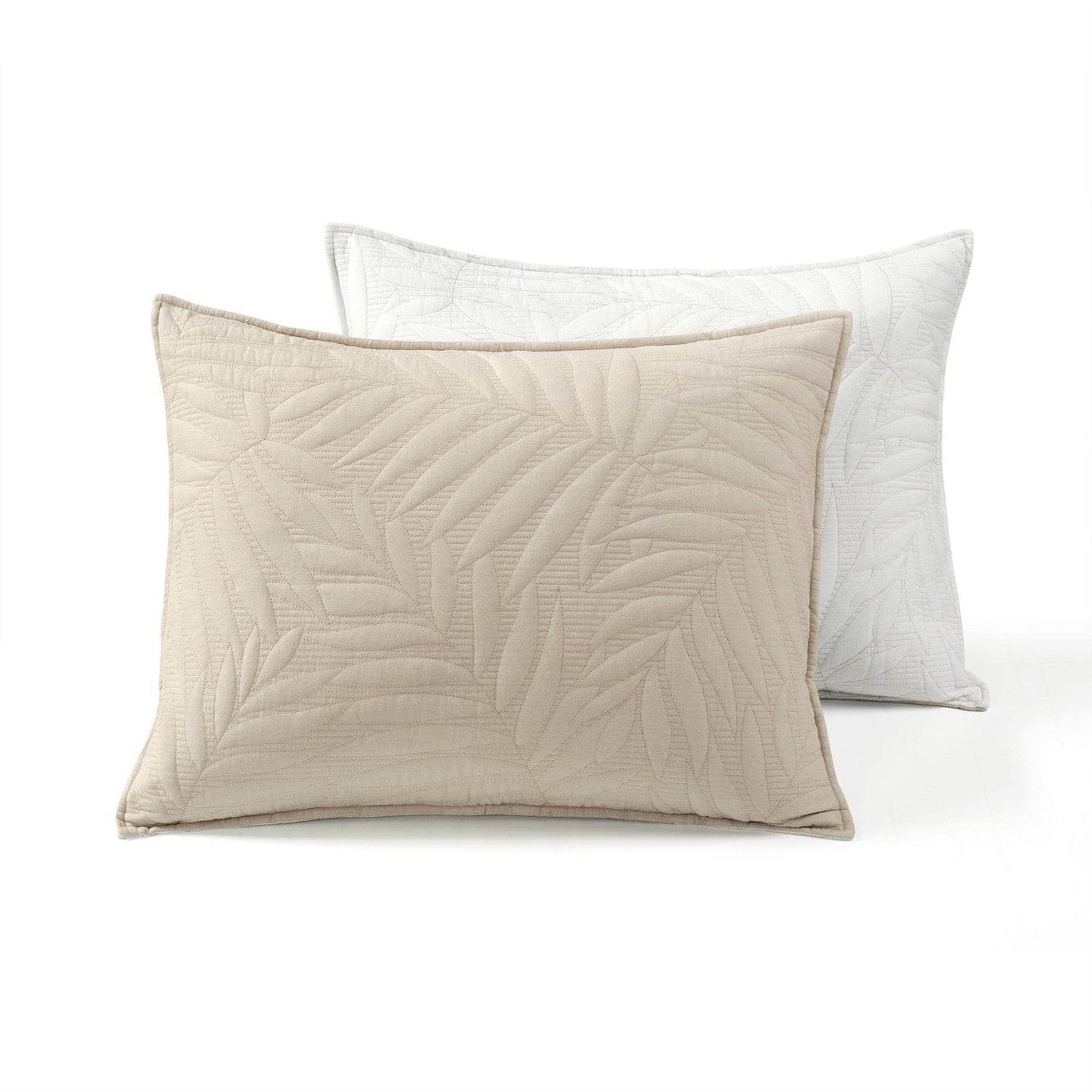 Full/Queen Lightweight Fern Leaf Reversible 3-PC White Beige Cotton Quilt Set - Loft&Timber