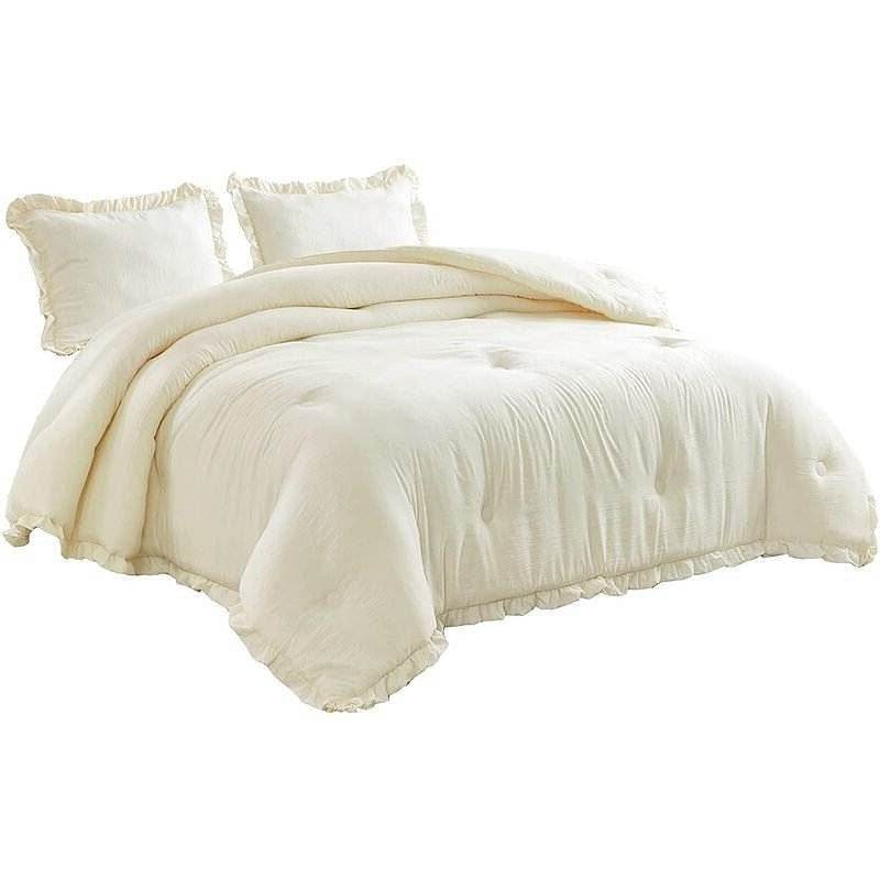 Oversized Queen Ivory Microfiber 3-Piece Comforter Set with Ruffled Edge Trim - Loft&Timber
