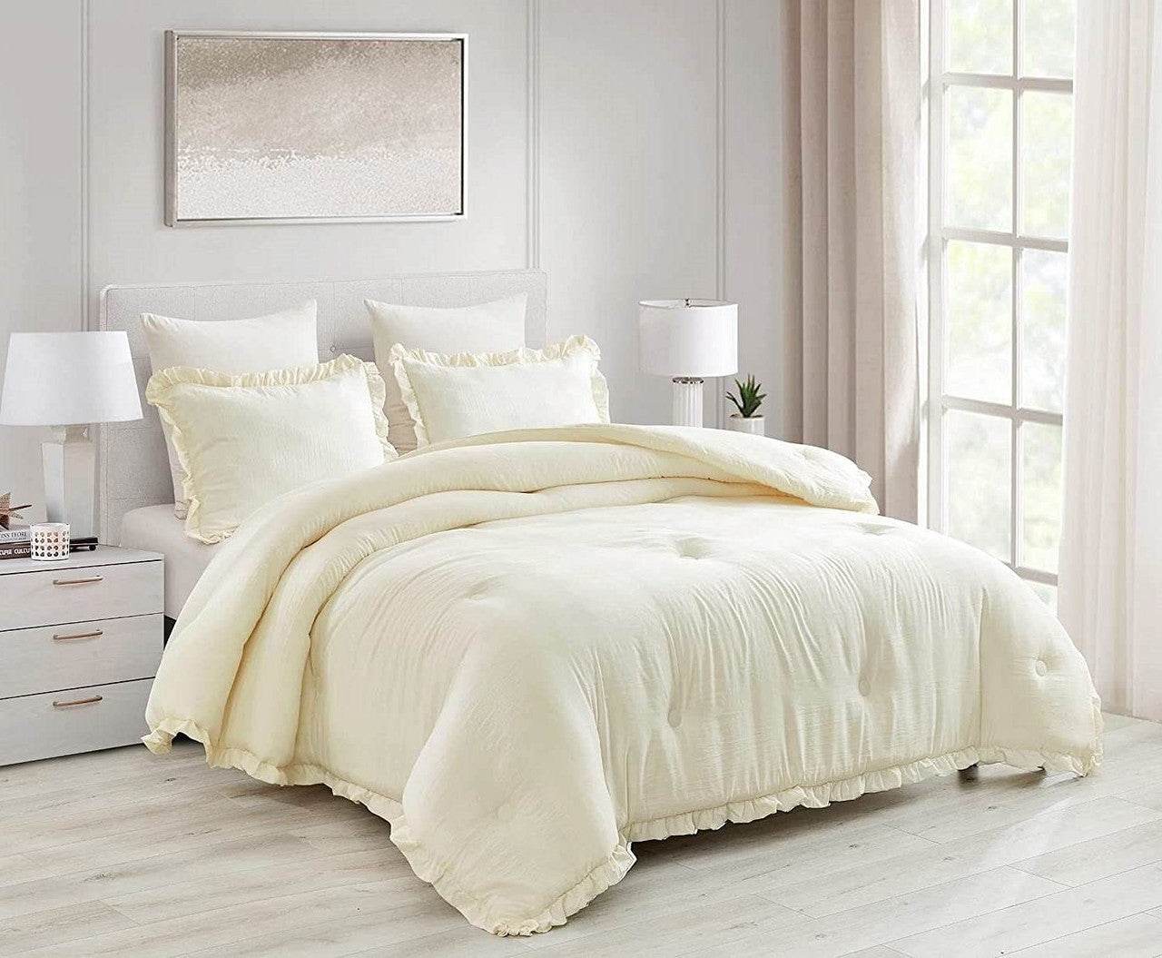 Oversized Queen Ivory Microfiber 3-Piece Comforter Set with Ruffled Edge Trim - Loft&Timber