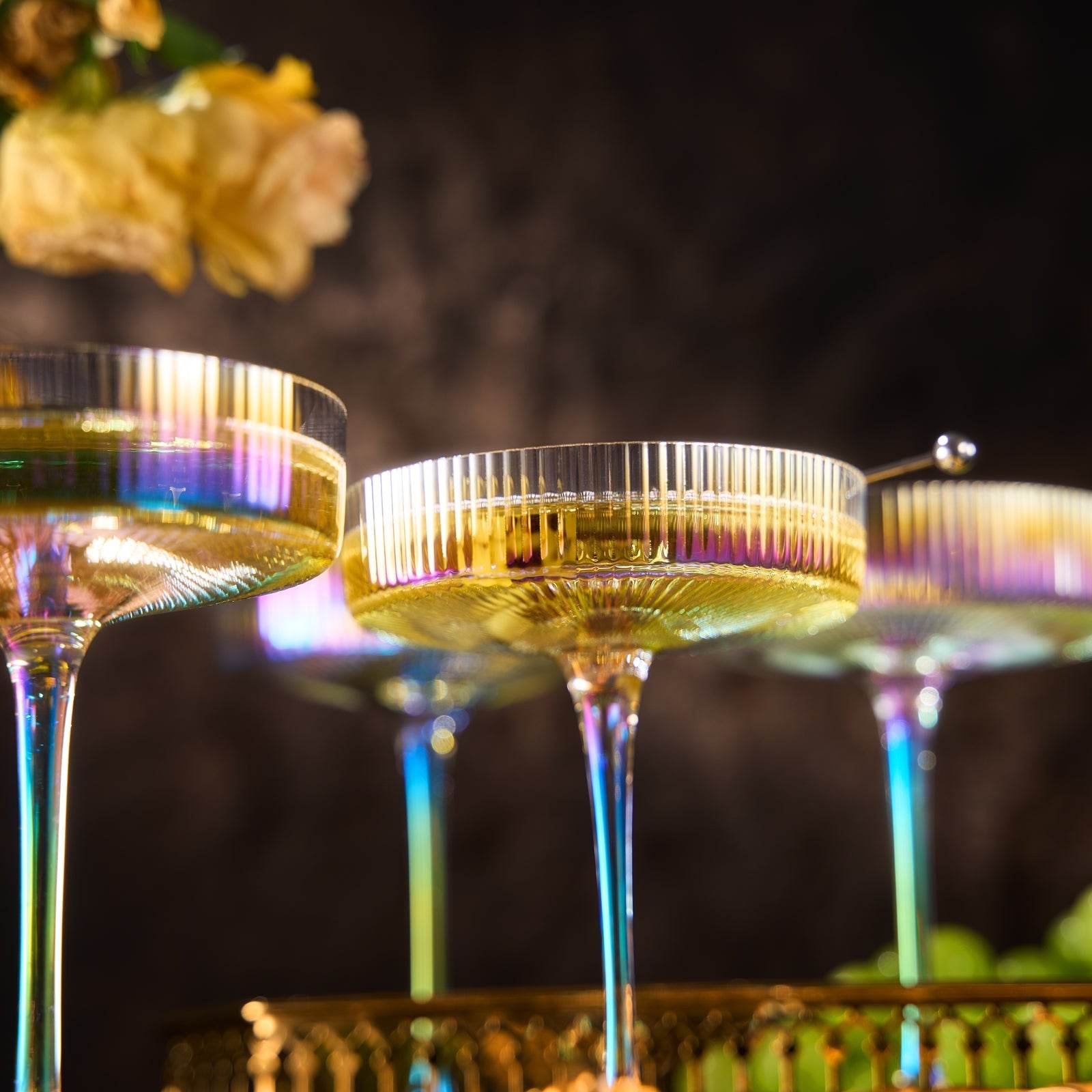 Ribbed Coupe Cocktail Glasses 8 oz | Set of 4 | Classic Manhattan Glasses For Cocktails, Champagne Coupe, Ripple Coupe Glasses, Art Deco Gatsby Vintage, Crystal with Stems (Iridescent) - Loft&Timber