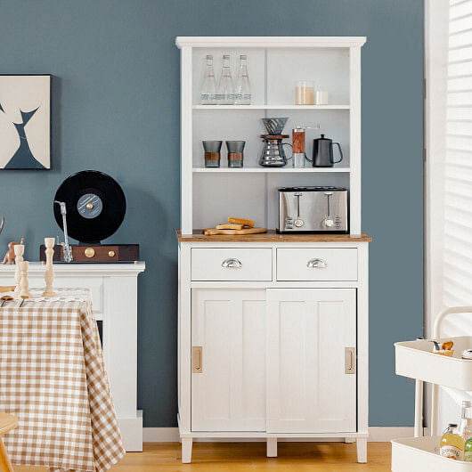Freestanding Kitchen Pantry with Hutch Sliding Door and Drawer-White - Loft&Timber