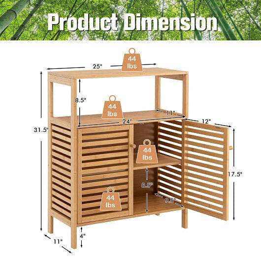 Bamboo Bathroom Floor Storage Cabinet with Shutter Doors-Natural - Loft&Timber