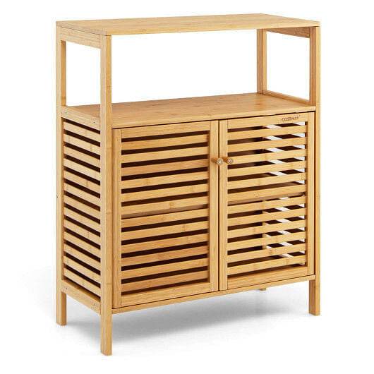 Bamboo Bathroom Floor Storage Cabinet with Shutter Doors-Natural - Loft&Timber