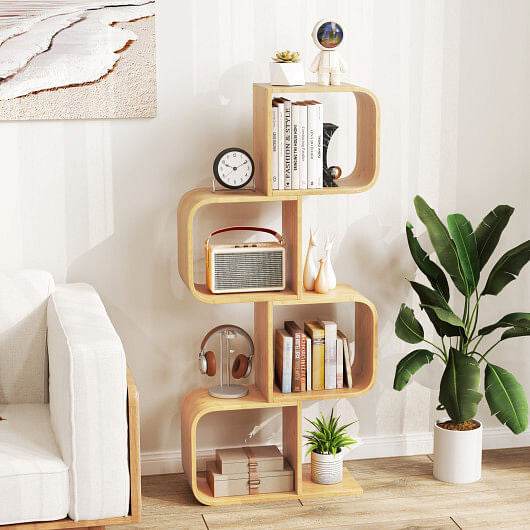 4-Tier S-Shaped Bamboo Bookcase with 4 Open Cubes for Living Room-Natural - Loft&Timber