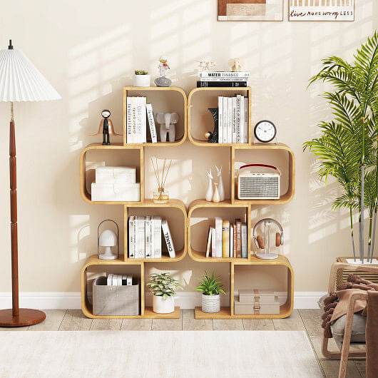 4-Tier S-Shaped Bamboo Bookcase with 4 Open Cubes for Living Room-Natural - Loft&Timber