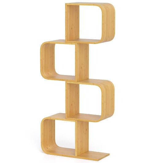 4-Tier S-Shaped Bamboo Bookcase with 4 Open Cubes for Living Room-Natural - Loft&Timber