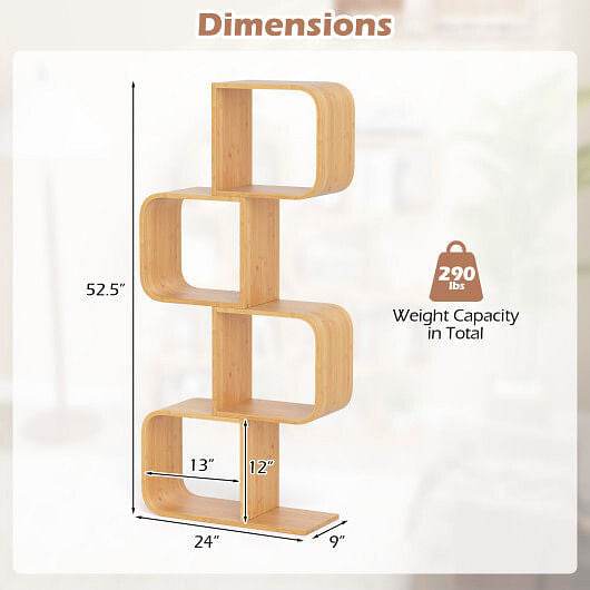4-Tier S-Shaped Bamboo Bookcase with 4 Open Cubes for Living Room-Natural - Loft&Timber