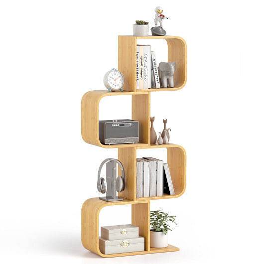 4-Tier S-Shaped Bamboo Bookcase with 4 Open Cubes for Living Room-Natural - Loft&Timber