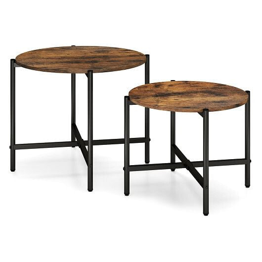 Round Coffee Table Set of 2 with Heavy-Duty Metal Frame-Rustic Brown-4