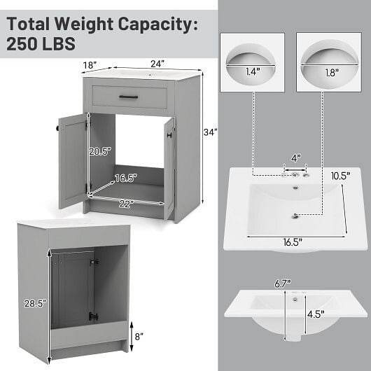 Bathroom Vanity Unit with Basin and 2 Doors-Gray - Loft&Timber