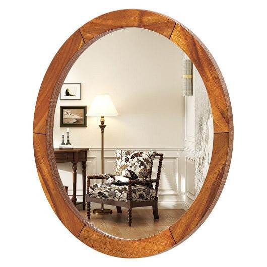27 Inch Round Wall Mirror with Solid Acacia Wood Frame-Brown - Loft&Timber
