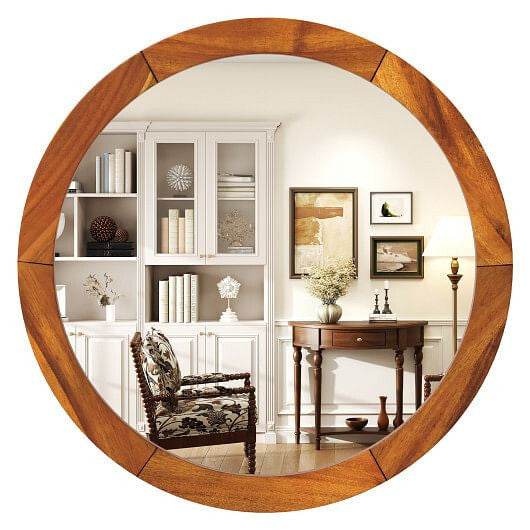 27 Inch Round Wall Mirror with Solid Acacia Wood Frame-Brown - Loft&Timber