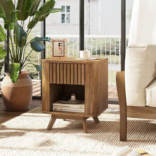 Mid-century Wood Nightstand with Drawer and Open Shelf-Walnut - Loft&Timber