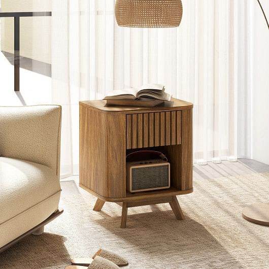 Mid-century Wood Nightstand with Drawer and Open Shelf-Walnut - Loft&Timber