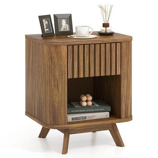 Mid-century Wood Nightstand with Drawer and Open Shelf-Walnut - Loft&Timber