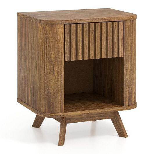 Mid-century Wood Nightstand with Drawer and Open Shelf-Walnut - Loft&Timber