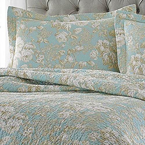 King size 3-Piece Reversible Cotton Quilt Set with Seafoam Blue Beige Floral Pattern - Loft&Timber