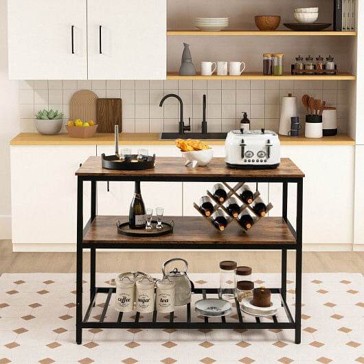 3 Shelves Kitchen Island Industrial Prep Table with Bottom Wine Rack-Rustic Brown - Loft&Timber