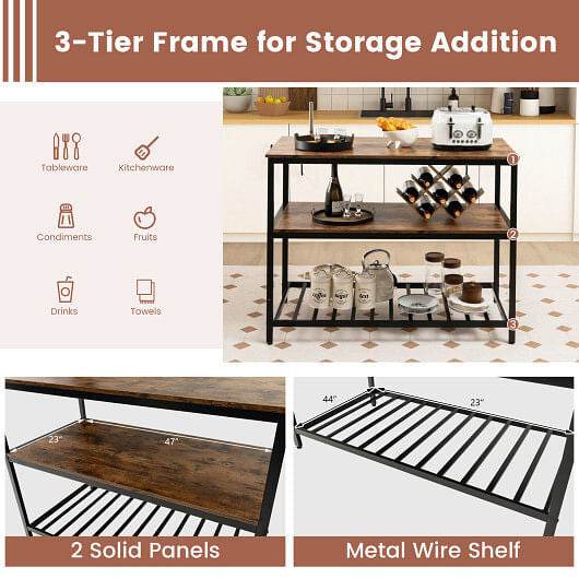 3 Shelves Kitchen Island Industrial Prep Table with Bottom Wine Rack-Rustic Brown - Loft&Timber