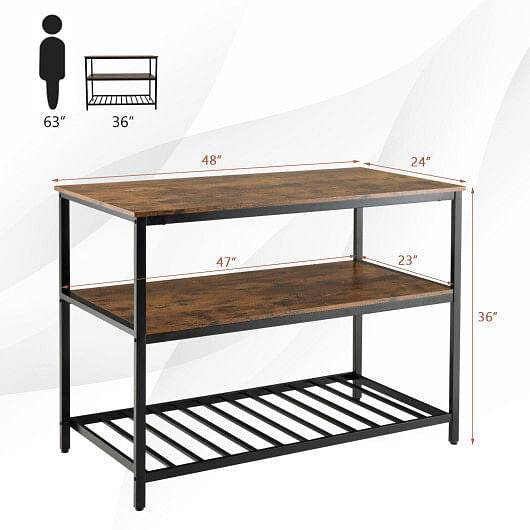 3 Shelves Kitchen Island Industrial Prep Table with Bottom Wine Rack-Rustic Brown - Loft&Timber