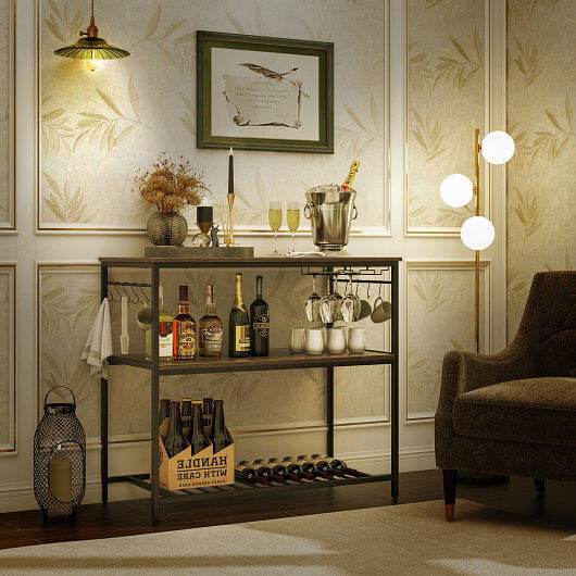 Kitchen Island with 3 Shelves Wine Glass Holders and 10 Hooks-Gray - Loft&Timber