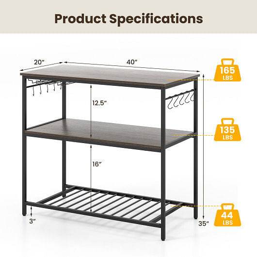 Kitchen Island with 3 Shelves Wine Glass Holders and 10 Hooks-Gray - Loft&Timber