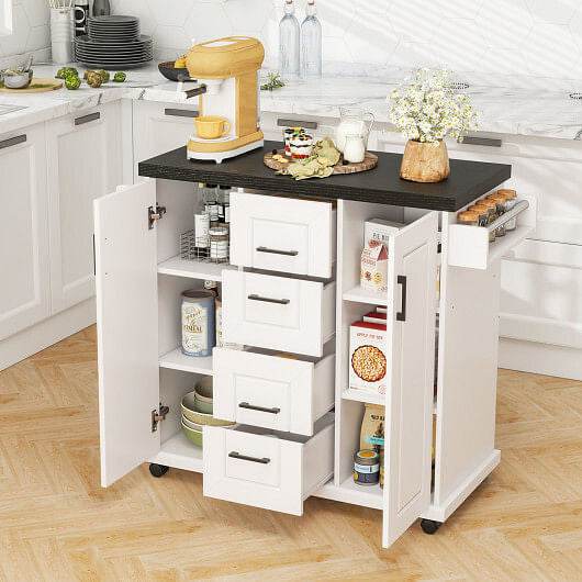 Rolling Kitchen Island Cart on Wheels with Storage Cabinets-White - Loft&Timber