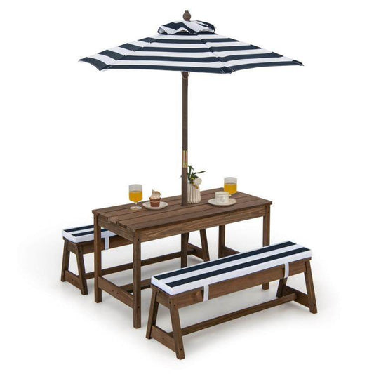 Kids Outdoor Wooden Picnic Table Bench Chairs Cushions Umbrella Set Navy/White - Loft&Timber