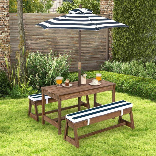 Kids Outdoor Wooden Picnic Table Bench Chairs Cushions Umbrella Set Navy/White - Loft&Timber