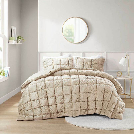 Full/Queen Beige Velvety Soft Down Alternative Comforter Set - Loft&Timber