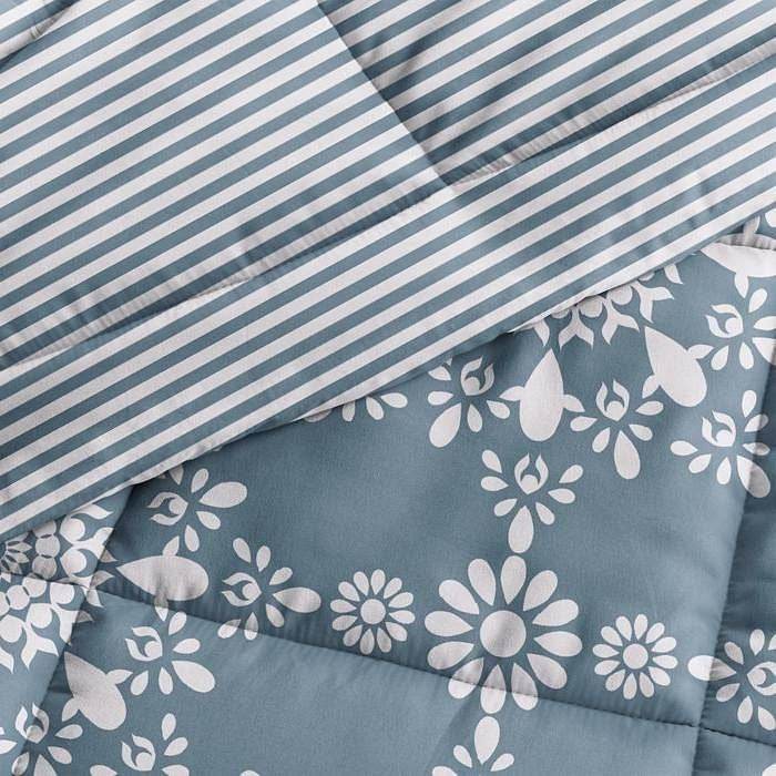 King size 3-Piece Blue and White Reversible Floral Striped Comforter Set - Loft&Timber
