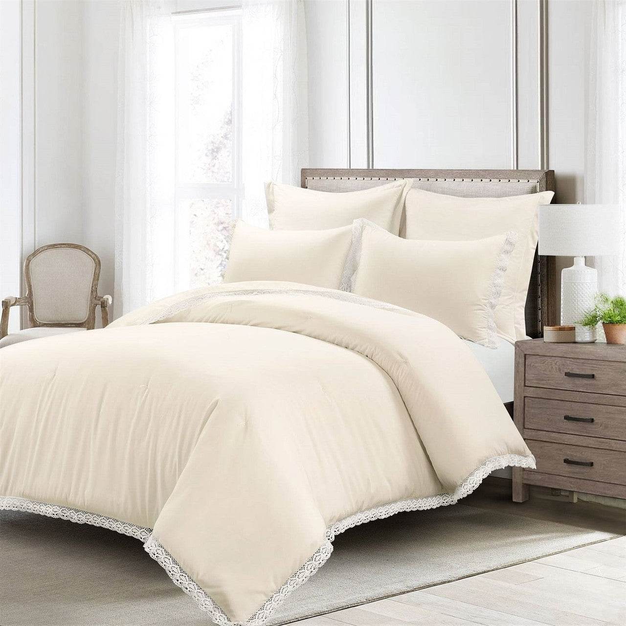 King French Country Ivory 5-Piece Lightweight Comforter Set with Lace Trim - Loft&Timber
