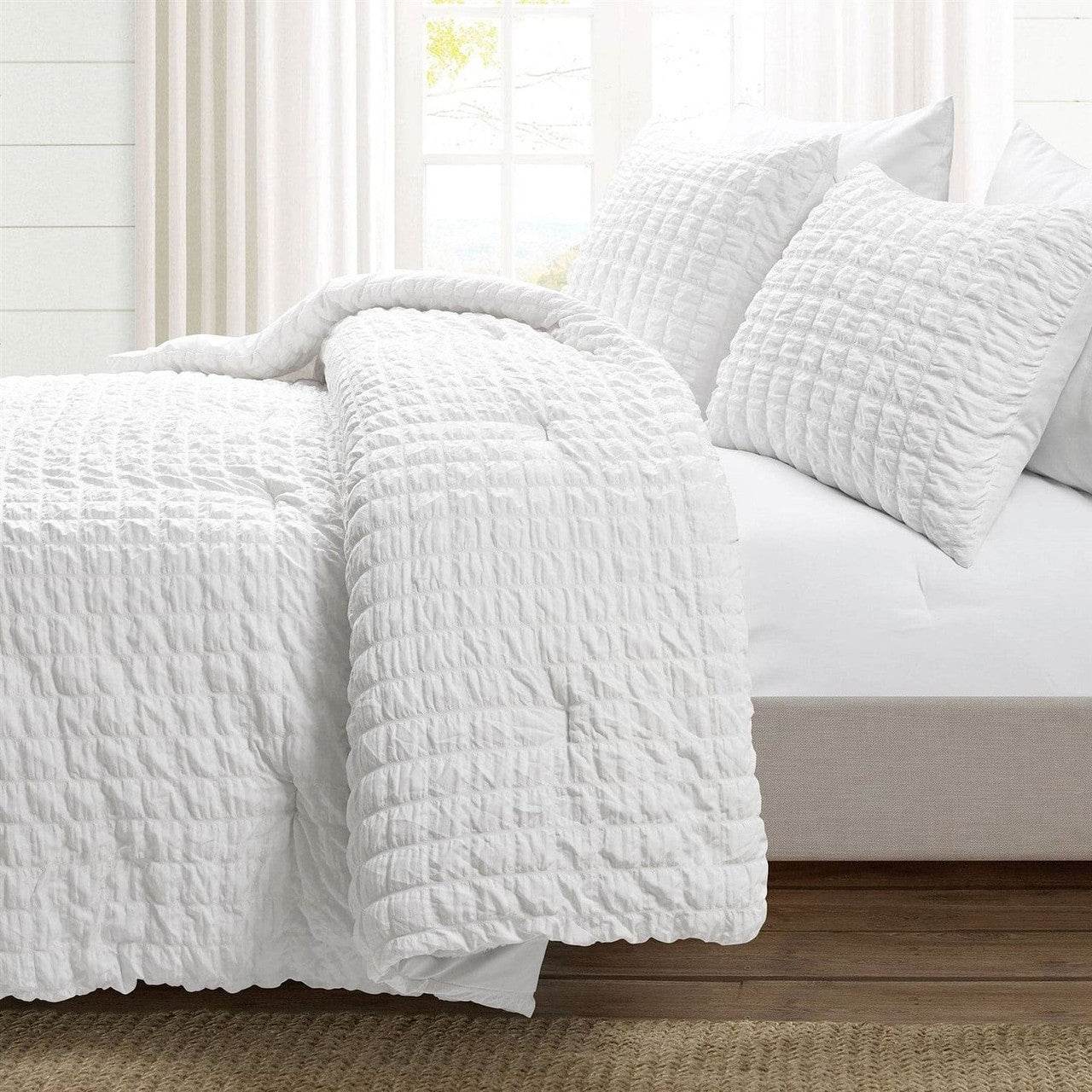 King Size Crinkled Textured 3 Piece Comforter Set White - Loft&Timber